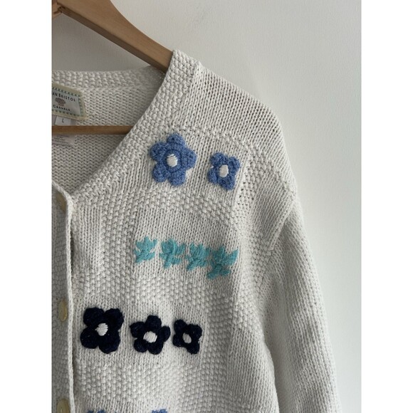 Vintage Susan Bristol White Sweater Cardigan Hand Knit Flowers Cottage Core Sz L - Picture 3 of 8